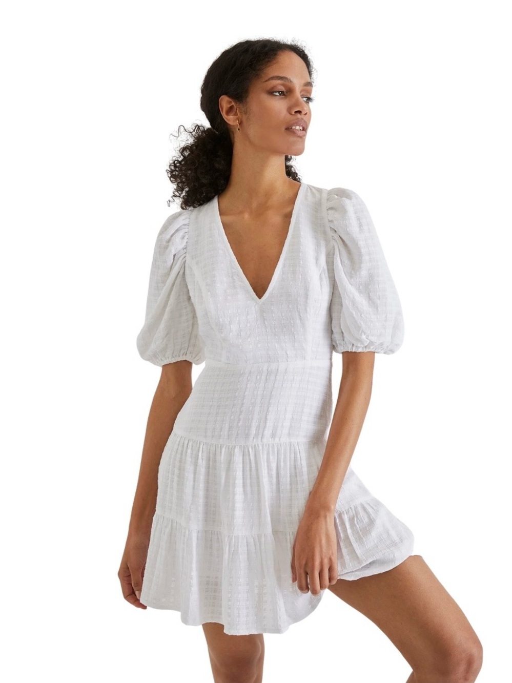 French Connection Women Birch Gingham Tiered  White Mini Dress Size 4